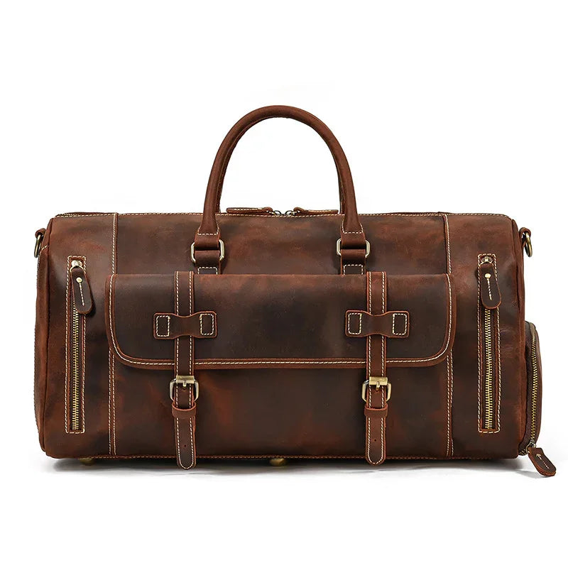Handmade full grain leather duffle bag with shoe compartment, dark brown, for travel