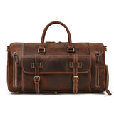 Handmade full grain leather duffle bag with shoe compartment, dark brown, for travel
