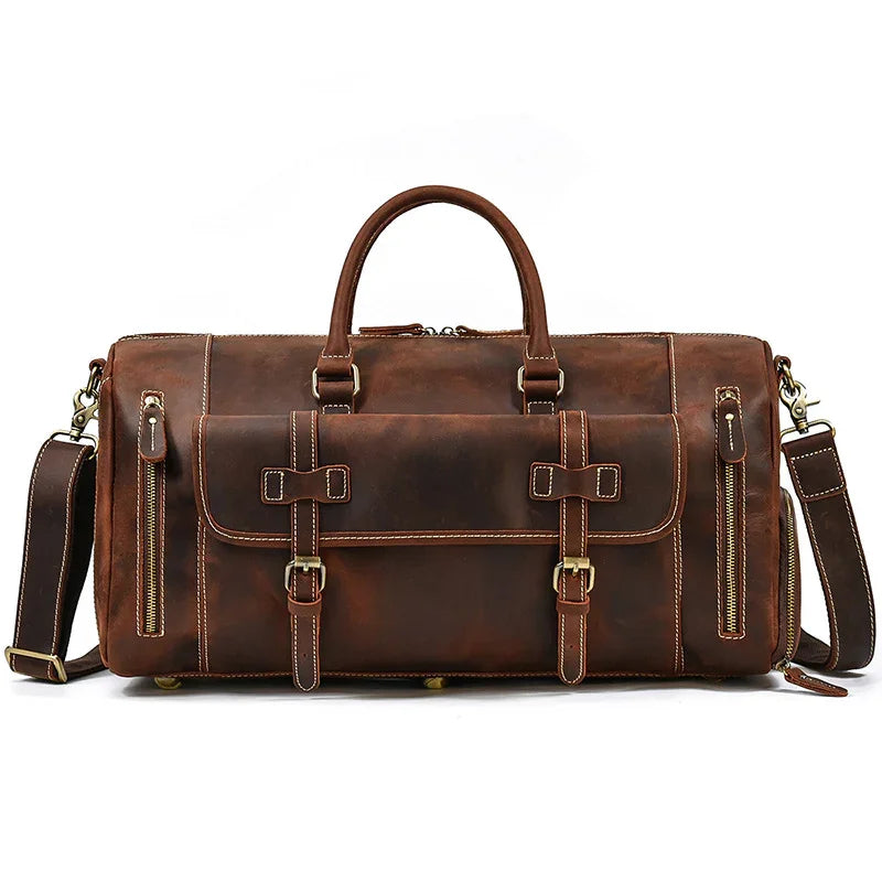 Handmade full grain leather duffle bag with shoe compartment, brown travel weekender