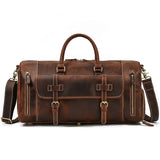 Handmade full grain leather duffle bag with shoe compartment, brown travel weekender