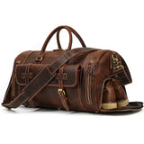 Handmade full grain leather duffle bag in dark brown with shoe compartment and shoulder strap
