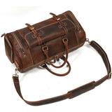 Handmade dark brown full grain leather duffle bag with shoulder strap and shoe compartment