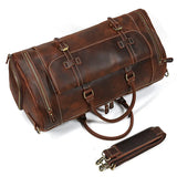 Handmade dark brown full grain leather duffle bag with shoe compartment and detachable strap