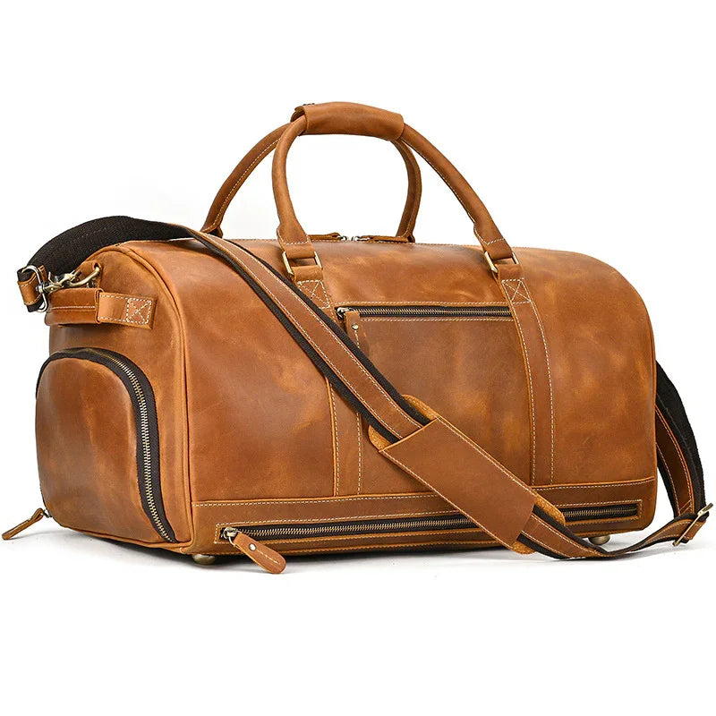 Handmade full grain leather duffle bag with shoe compartment, large travel bag in dark brown