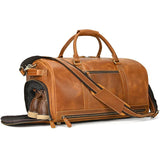 Handmade full grain leather duffle bag in brown with shoe compartment and shoulder strap