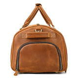 Handmade full grain leather duffle bag with large zip pocket and shoe compartment, brown