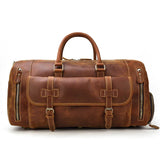 Handmade full grain leather duffle bag in dark brown with shoe compartment and front pockets