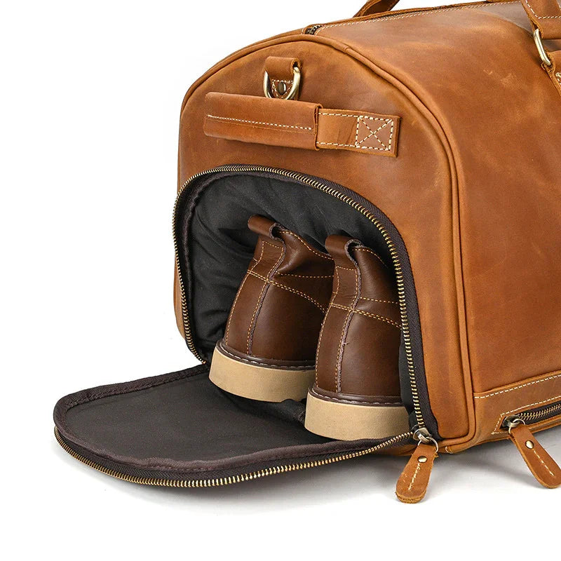 Handmade full grain leather duffle bag with shoe compartment, travel weekend bag in brown