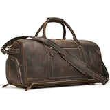 Handmade full grain leather duffle bag in dark brown with shoe compartment and shoulder strap