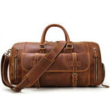 Handmade full grain leather duffle bag with shoe compartment, large brown travel bag