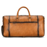 Handmade full grain leather duffle bag in dark brown with handles and shoe compartment