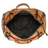Open handmade full grain leather duffle bag with spacious interior and top handles