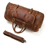 Handmade full grain leather duffle bag in dark brown with shoe compartment and detachable strap