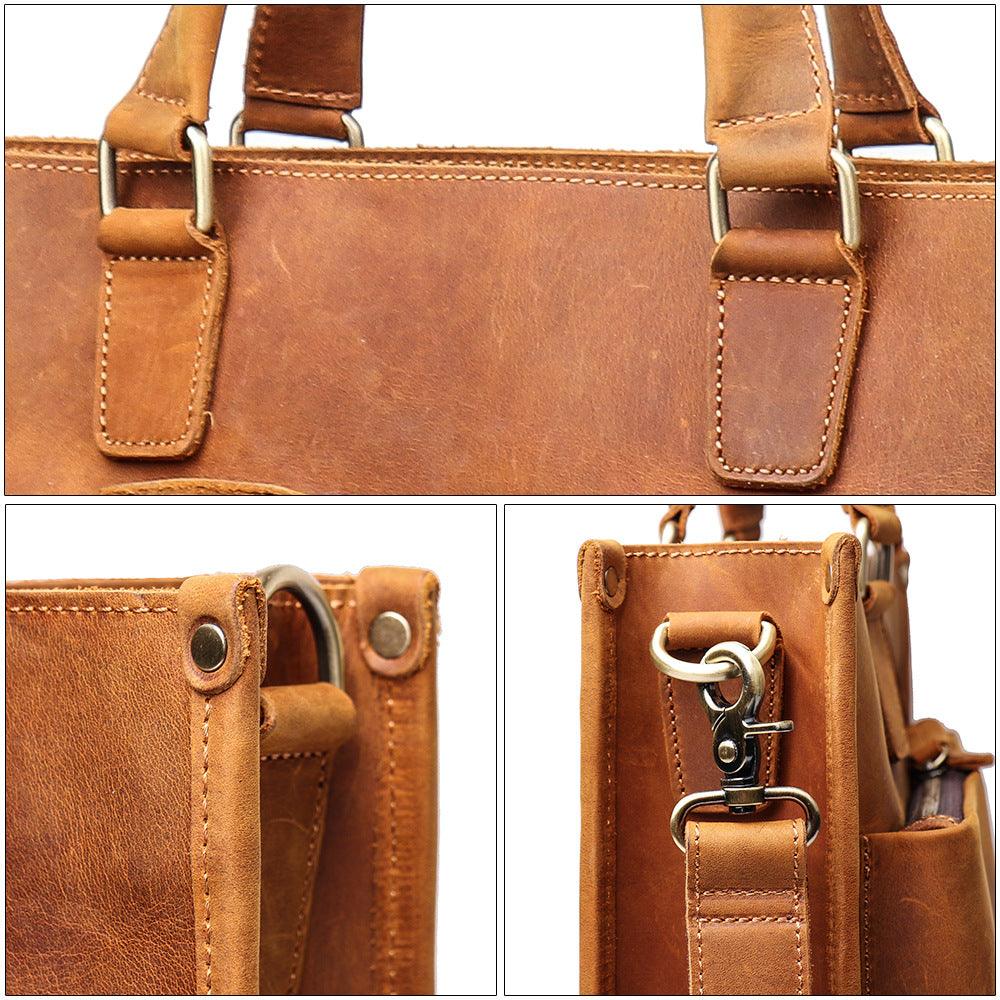 Close-up of handmade full grain leather messenger bag with sturdy stitching and metal hardware.