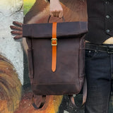 Handmade Full Grain Leather Roll-Top Backpack, Men’s Large Travel Bag & 14" Laptop Rucksack