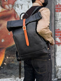 Handmade Full Grain Leather Roll-Top Backpack, Men’s Large Travel Bag & 14" Laptop Rucksack