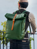 Handmade Full Grain Leather Roll-Top Backpack, Men’s Large Travel Bag & 14" Laptop Rucksack