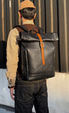 Handmade Full Grain Leather Roll-Top Backpack, Men’s Large Travel Bag & 14" Laptop Rucksack