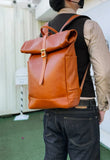 Handmade Full Grain Leather Roll-Top Backpack, Men’s Large Travel Bag & 14" Laptop Rucksack
