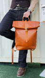 Handmade Full Grain Leather Roll-Top Backpack, Men’s Large Travel Bag & 14" Laptop Rucksack