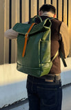 Handmade Full Grain Leather Roll-Top Backpack, Men’s Large Travel Bag & 14" Laptop Rucksack