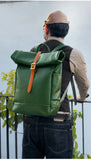 Handmade Full Grain Leather Roll-Top Backpack, Men’s Large Travel Bag & 14" Laptop Rucksack