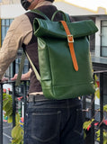 Handmade Full Grain Leather Roll-Top Backpack, Men’s Large Travel Bag & 14" Laptop Rucksack