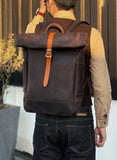 Handmade Full Grain Leather Roll-Top Backpack, Men’s Large Travel Bag & 14" Laptop Rucksack