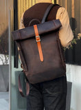 Handmade Full Grain Leather Roll-Top Backpack, Men’s Large Travel Bag & 14" Laptop Rucksack