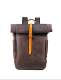 Handmade Full Grain Leather Roll-Top Backpack, Men’s Large Travel Bag & 14" Laptop Rucksack