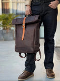 Handmade Full Grain Leather Roll-Top Backpack, Men’s Large Travel Bag & 14" Laptop Rucksack