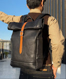 Handmade Full Grain Leather Roll-Top Backpack, Men’s Large Travel Bag & 14" Laptop Rucksack