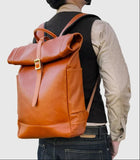 Handmade Full Grain Leather Roll-Top Backpack, Men’s Large Travel Bag & 14" Laptop Rucksack