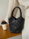 Handmade Leather Crossbody Bucket Bag, Full Grain Cowhide Floral Cut-Out Designer Bucket Bags For Women