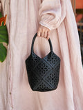 Handmade Leather Crossbody Bucket Bag, Full Grain Cowhide Floral Cut-Out Designer Bucket Bags For Women