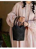 Handmade Leather Crossbody Bucket Bag, Full Grain Cowhide Floral Cut-Out Designer Bucket Bags For Women