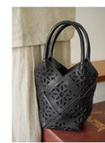 Handmade Leather Crossbody Bucket Bag, Full Grain Cowhide Floral Cut-Out Designer Bucket Bags For Women