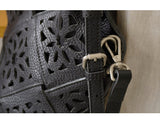 Handmade Leather Crossbody Bucket Bag, Full Grain Cowhide Floral Cut-Out Designer Bucket Bags For Women
