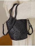Handmade Leather Crossbody Bucket Bag, Full Grain Cowhide Floral Cut-Out Designer Bucket Bags For Women
