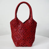 Handmade Leather Crossbody Bucket Bag, Full Grain Cowhide Floral Cut-Out Designer Bucket Bags For Women