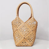 Handmade Leather Crossbody Bucket Bag, Full Grain Cowhide Floral Cut-Out Designer Bucket Bags For Women