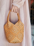 Handmade Leather Crossbody Bucket Bag, Full Grain Cowhide Floral Cut-Out Designer Bucket Bags For Women