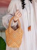 Handmade Leather Crossbody Bucket Bag, Full Grain Cowhide Floral Cut-Out Designer Bucket Bags For Women