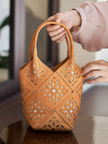Handmade Leather Crossbody Bucket Bag, Full Grain Cowhide Floral Cut-Out Designer Bucket Bags For Women