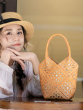 Handmade Leather Crossbody Bucket Bag, Full Grain Cowhide Floral Cut-Out Designer Bucket Bags For Women