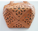 Handmade Leather Crossbody Bucket Bag, Full Grain Cowhide Floral Cut-Out Designer Bucket Bags For Women