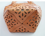 Handmade Leather Crossbody Bucket Bag, Full Grain Cowhide Floral Cut-Out Designer Bucket Bags For Women