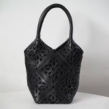 Handmade Leather Crossbody Bucket Bag, Full Grain Cowhide Floral Cut-Out Designer Bucket Bags For Women