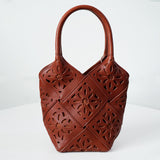 Handmade Leather Crossbody Bucket Bag, Full Grain Cowhide Floral Cut-Out Designer Bucket Bags For Women