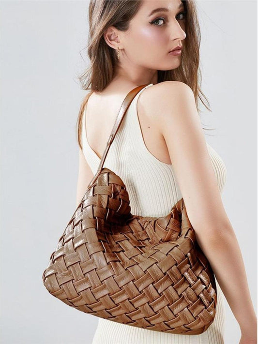 Handmade Soft Vegan Leather Woven Tote Bag for Women, Large Minimalist Commuter Shoulder Bag with Inner Pouch